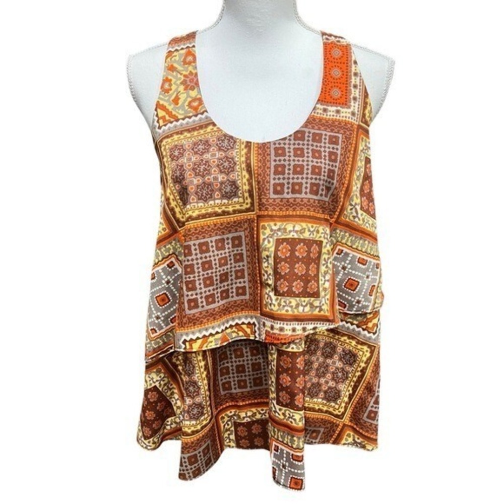 Judith March Women's Medium Brown Orange Patchwork Tiered Racerback Tank Top